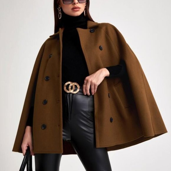 undefined Jackets & Blazers - Cloak Sleeve Double Button Cape Coat brown